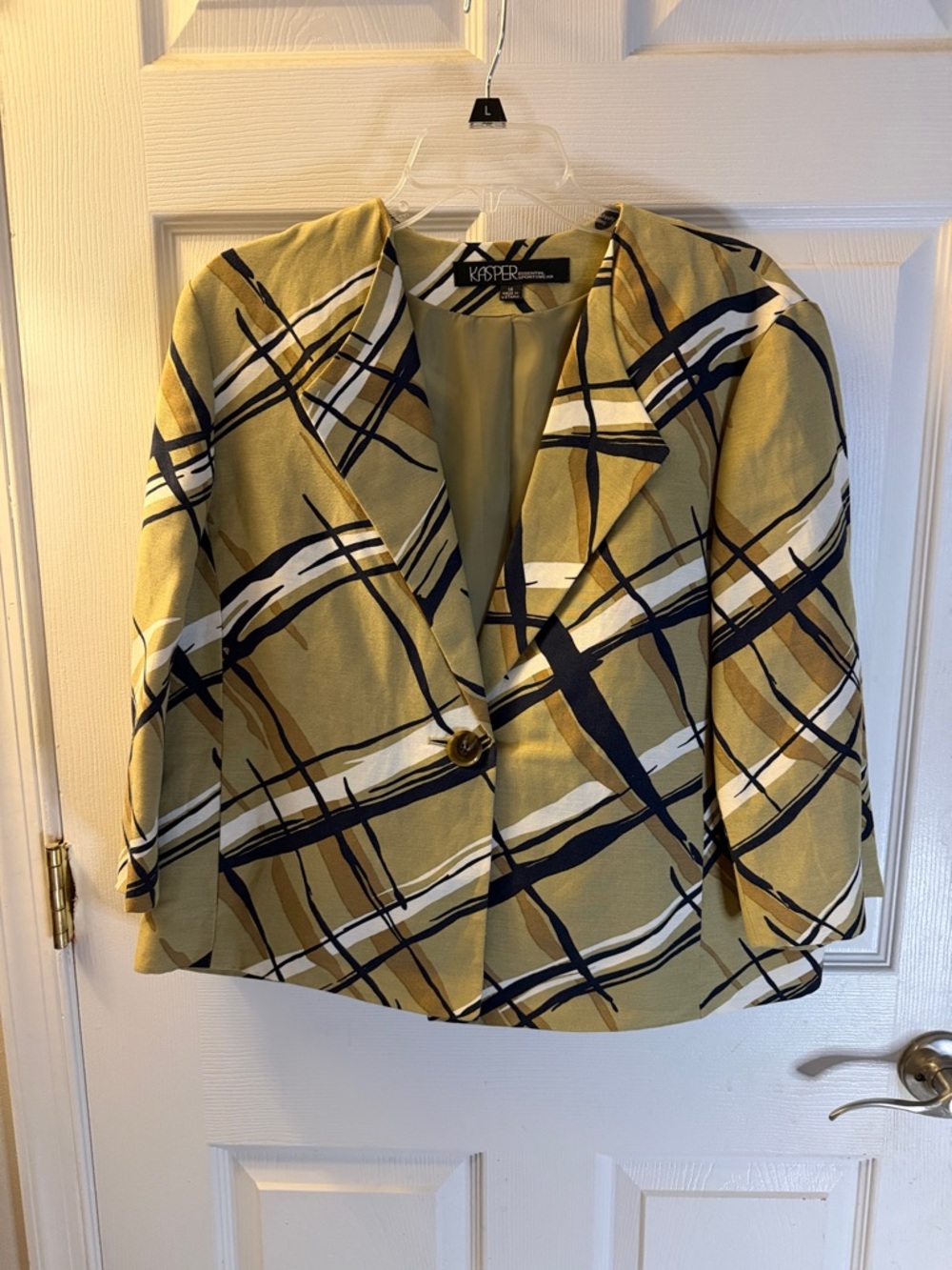 Kasper Mustard Plaid Single-Button Blazer with Navy and White Accents